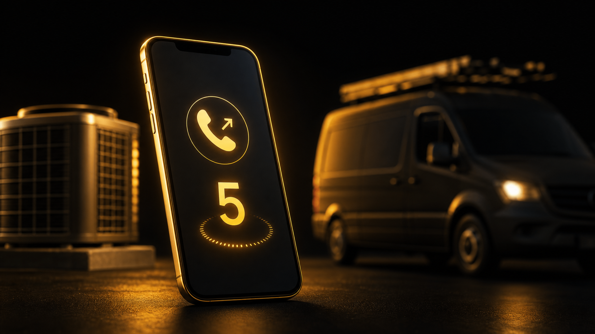 Smartphone showing an outgoing call and a 5-second countdown — outbound AI voice agent instantly calling back an HVAC lead