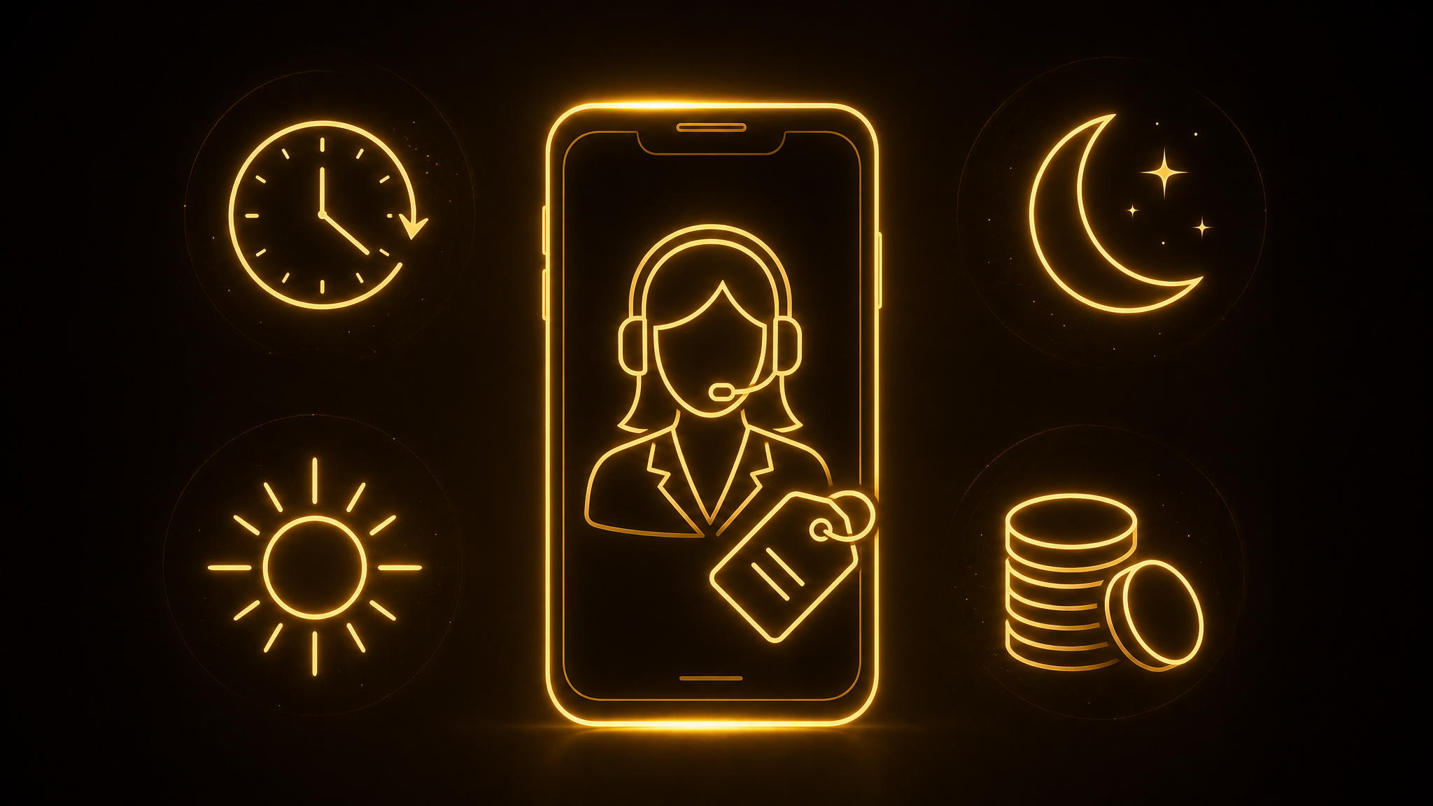 Glowing gold smartphone icon with a headset and price tag, surrounded by a 24-hour clock, sun, moon, and coin stack icons on a dark brown background — an affordable 24/7 AI virtual receptionist