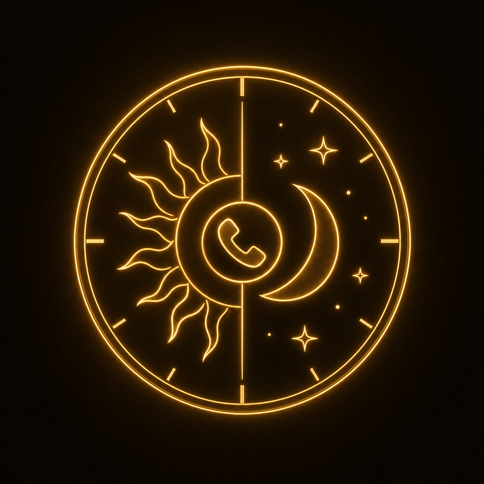 Glowing gold clock face split between a sun and a crescent moon with a phone headset icon in the center, representing true 24/7 phone coverage
