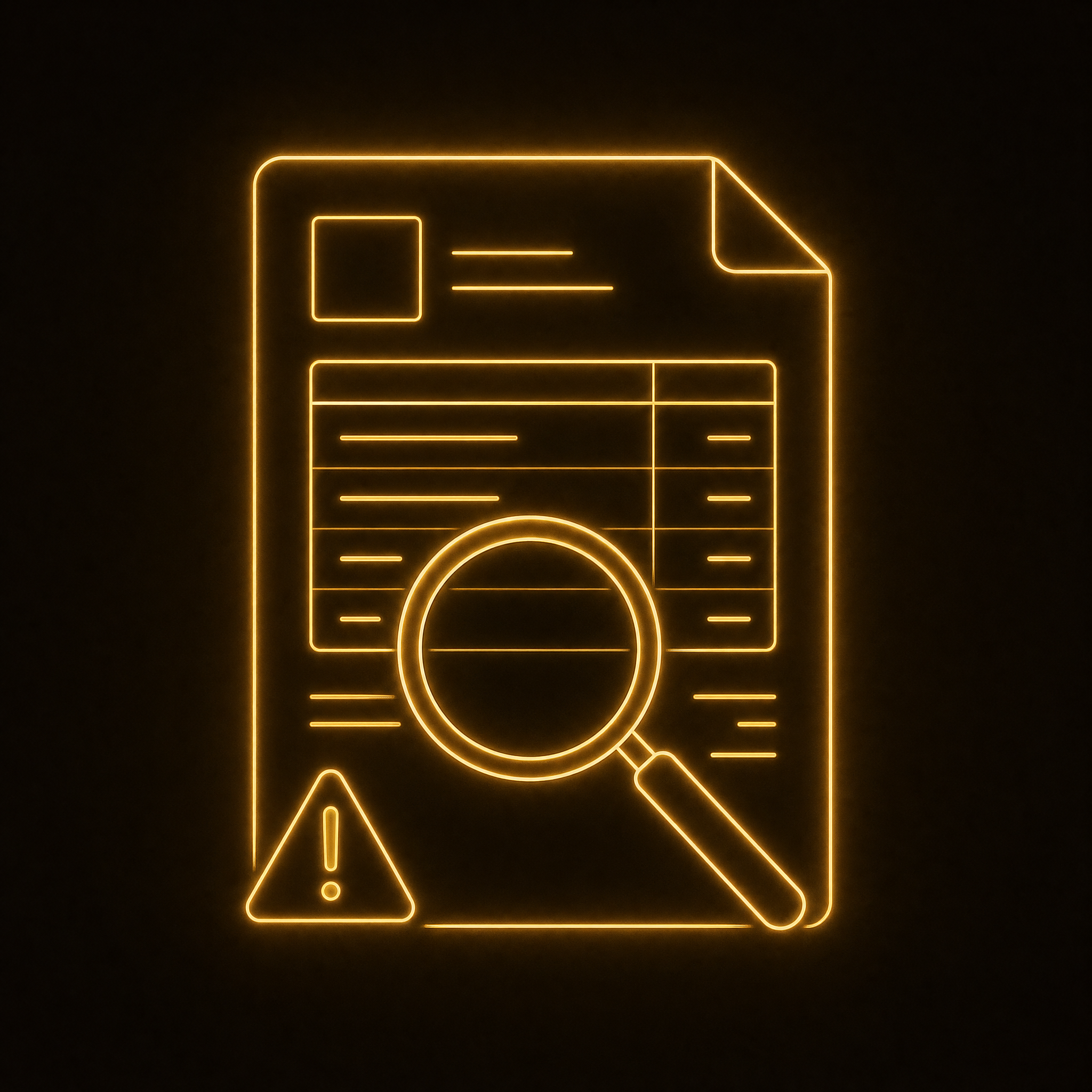 Glowing gold magnifying glass hovering over an invoice with a warning icon, representing hidden fees in affordable AI receptionist pricing