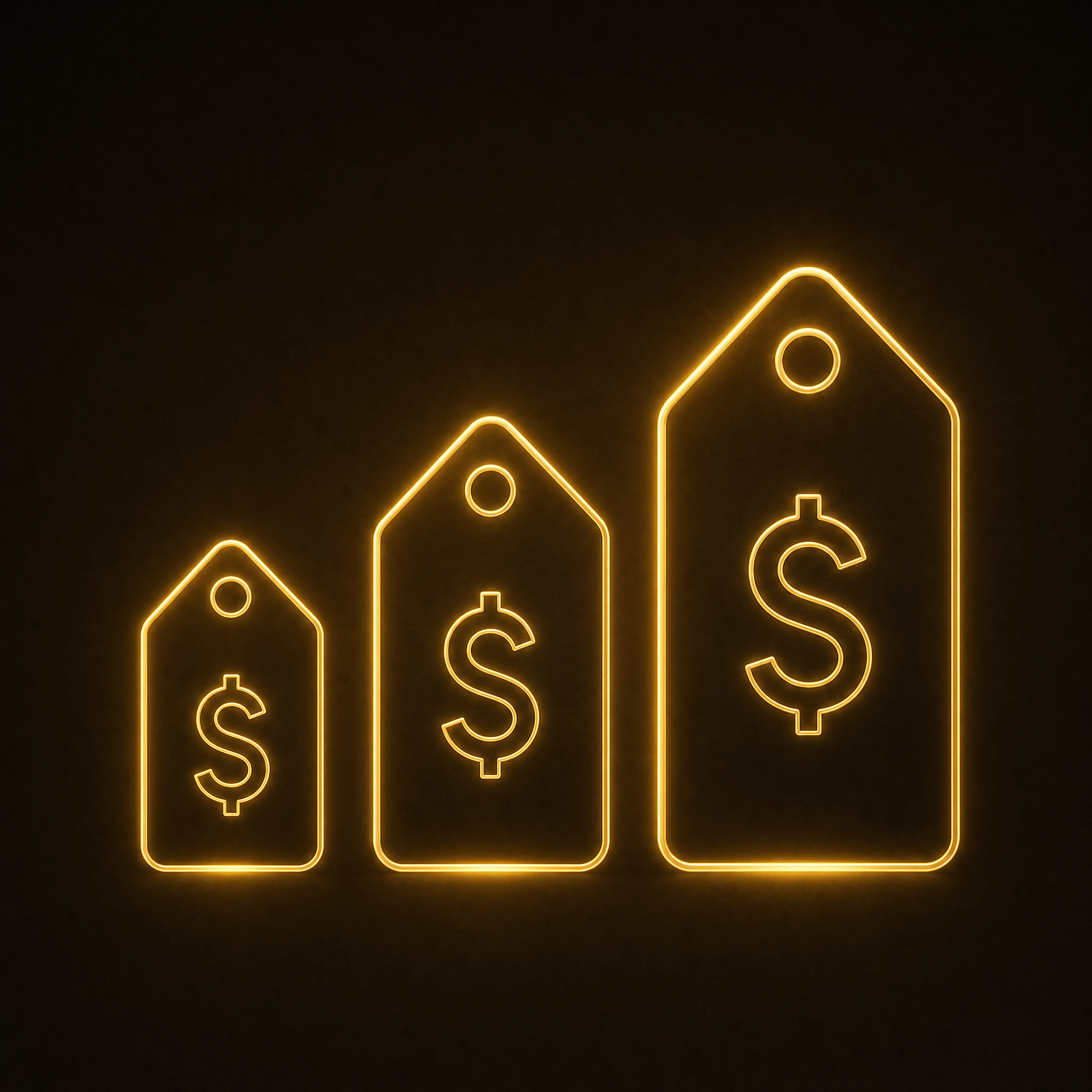 Three glowing gold price tags of ascending size, representing three different pricing tiers of AI virtual receptionist products