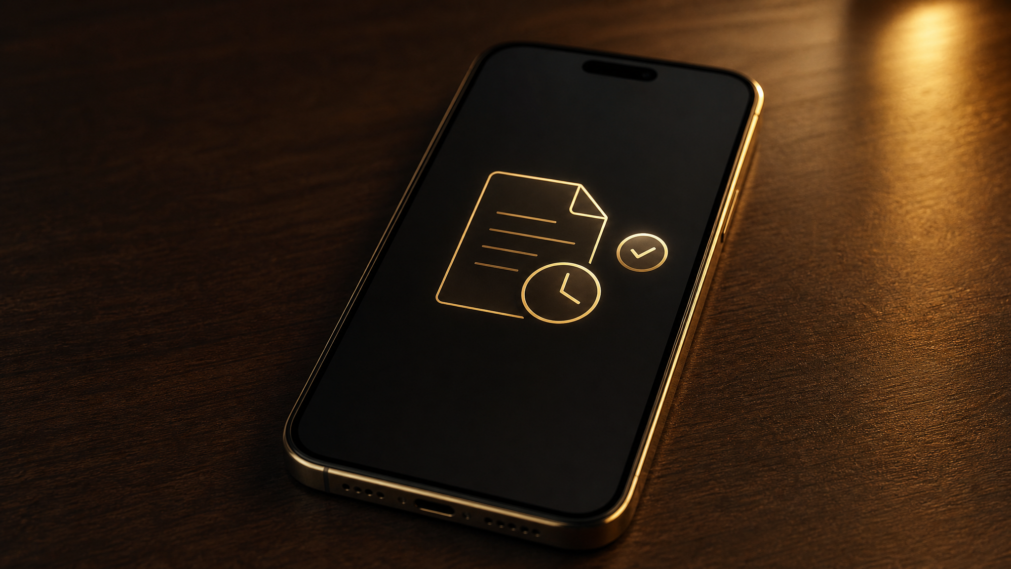 Smartphone showing a gold estimate document icon with a clock and checkmark badge — an AI quote follow-up agent calling back on an unanswered estimate