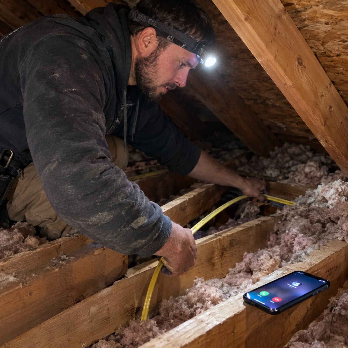 Electrician wearing a headlamp crouched between attic joists pulling yellow cable through insulation, with his smartphone lying out of reach on a joist showing an incoming call