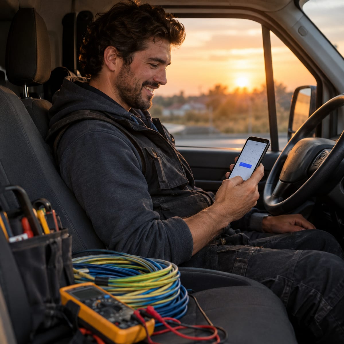 Smiling electrician sitting in his work van at sunset looking at a newly booked appointment on his phone calendar, with coiled wire and a multimeter on the passenger seat
