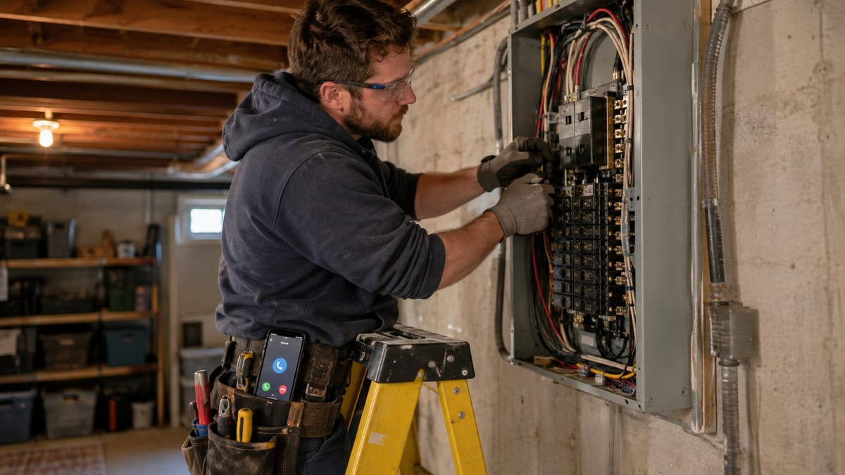 Electrician in safety glasses and work gloves on a yellow stepladder working inside an open breaker panel in a basement, with a smartphone on his tool belt showing an incoming call