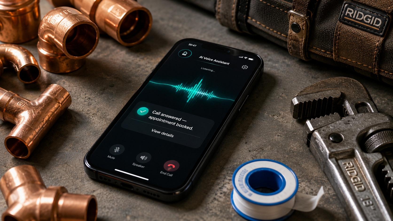 Smartphone on a plumber's workbench showing AI voice assistant with 'Call answered — appointment booked' notification, surrounded by copper pipe fittings, pipe wrench, and PTFE tape