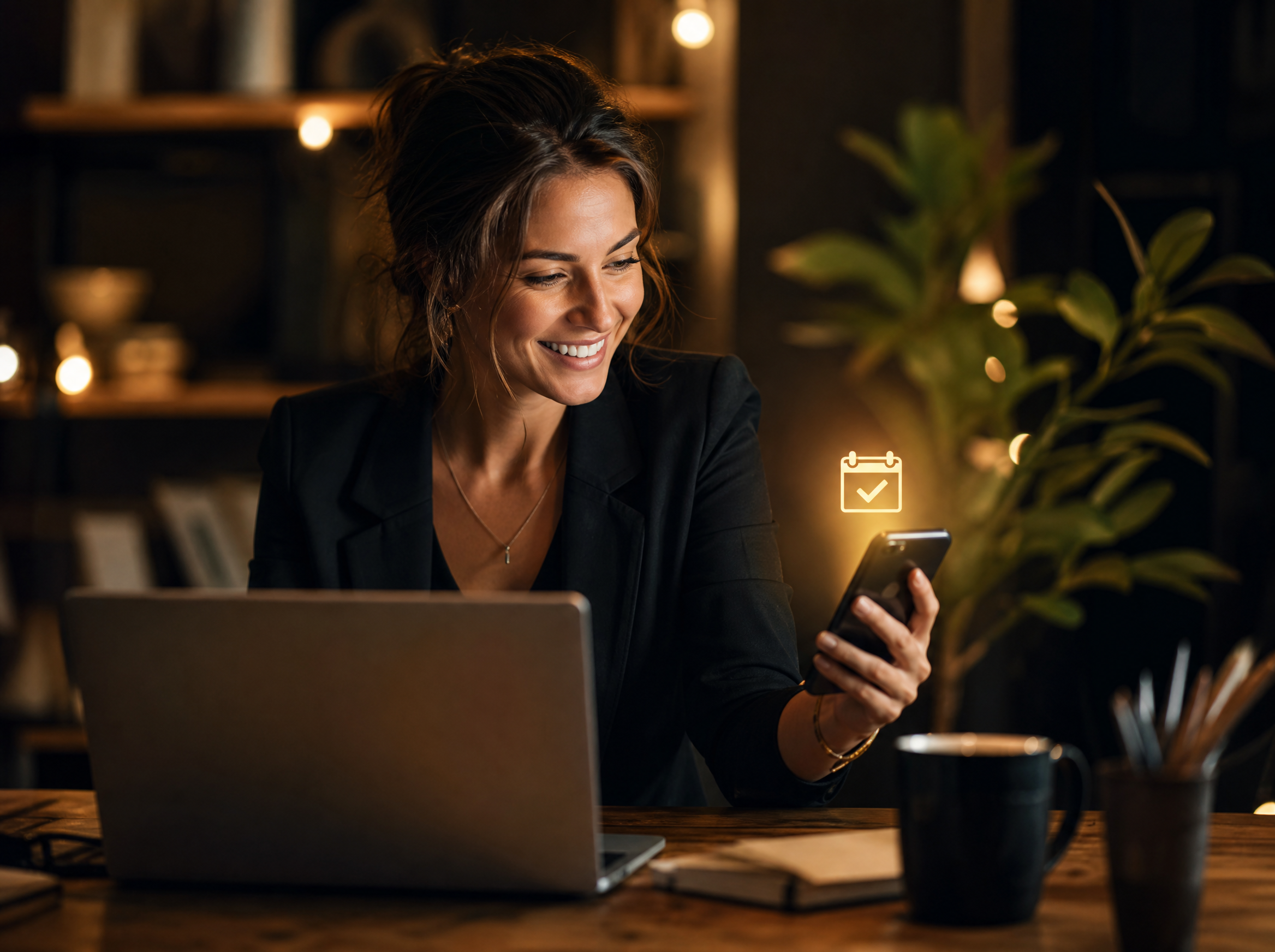 Small service-business office manager smiling at a laptop and smartphone on her desk, the phone glowing amber with a calendar checkmark showing a confirmed booking