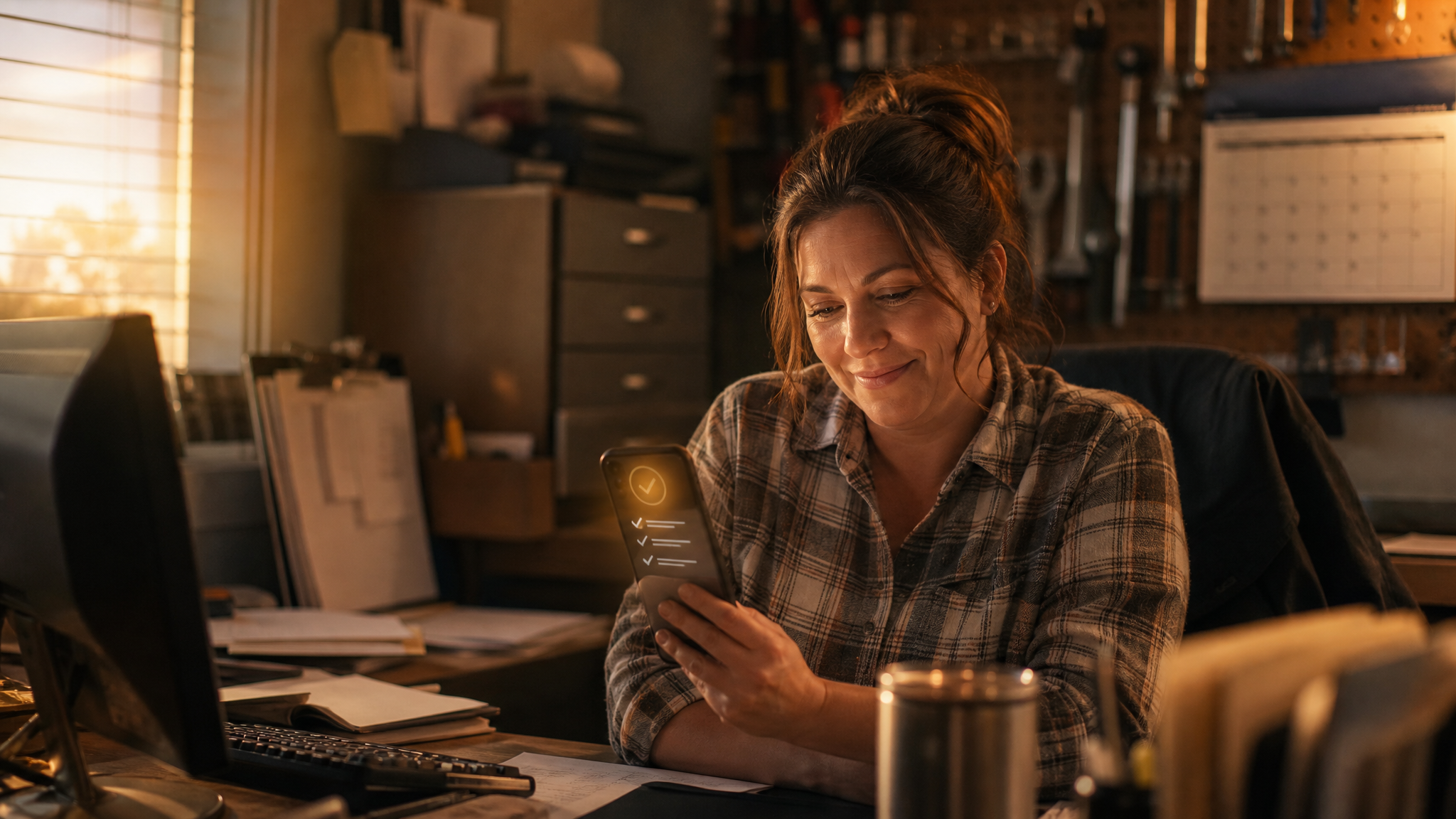 Office manager at a service-business dispatch desk smiling at a smartphone glowing warm amber with a qualified-lead checklist notification