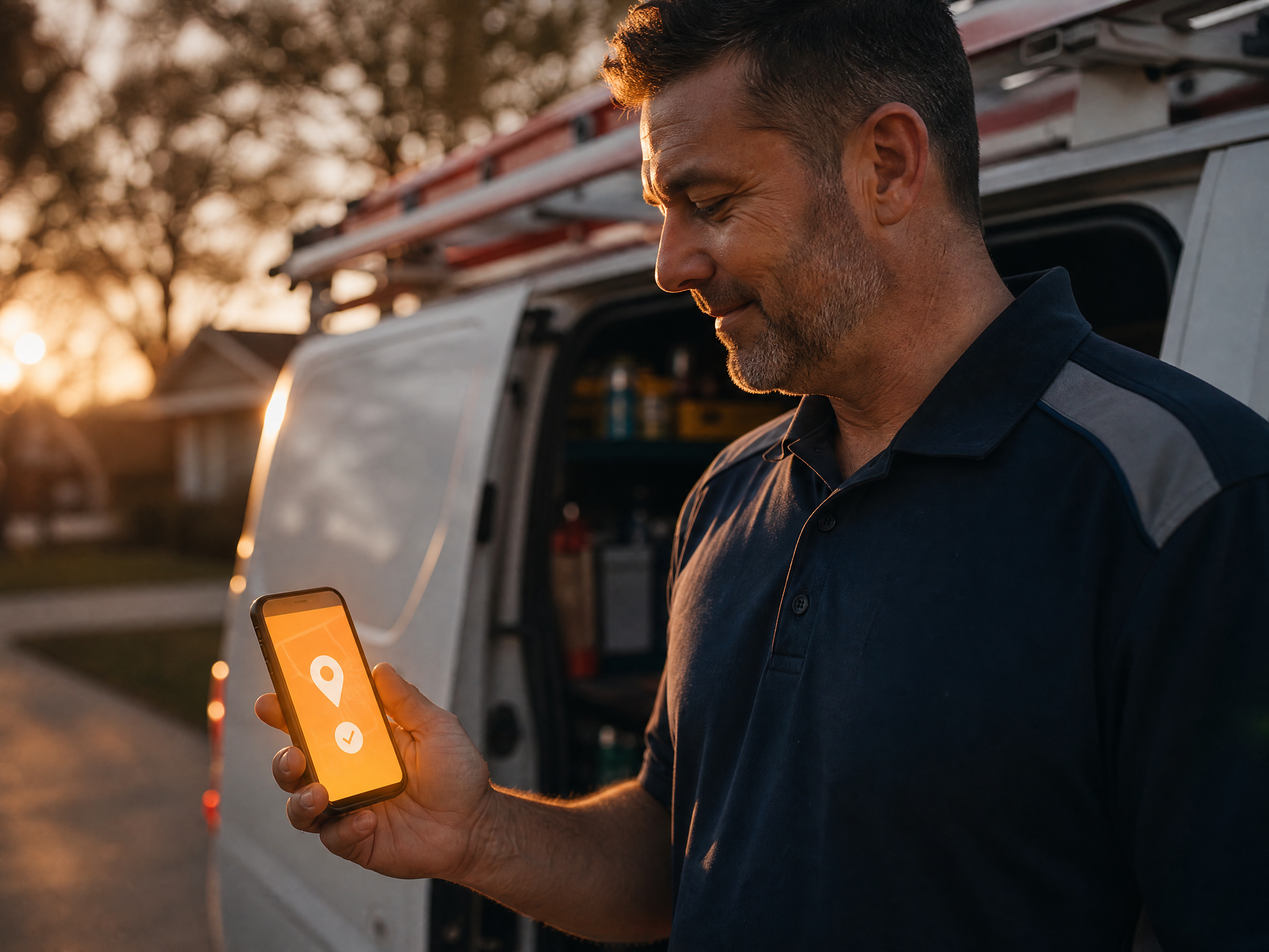 HVAC technician beside his service van in a driveway at golden hour, checking a smartphone that glows amber with a verified service-address notification