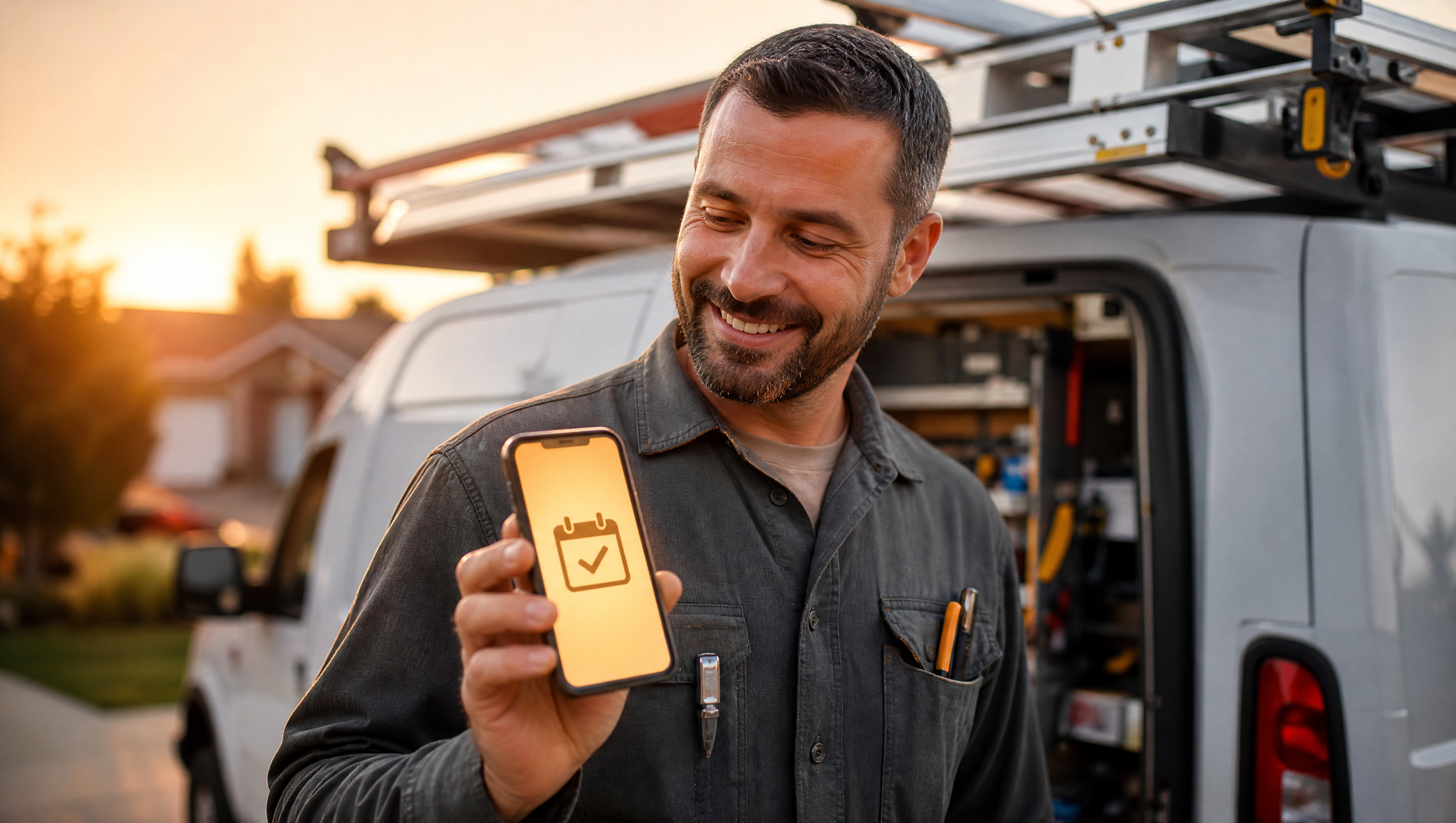 Electrician standing beside his service van in a driveway at golden hour, smiling at a smartphone glowing warm amber with a calendar checkmark showing a confirmed appointment