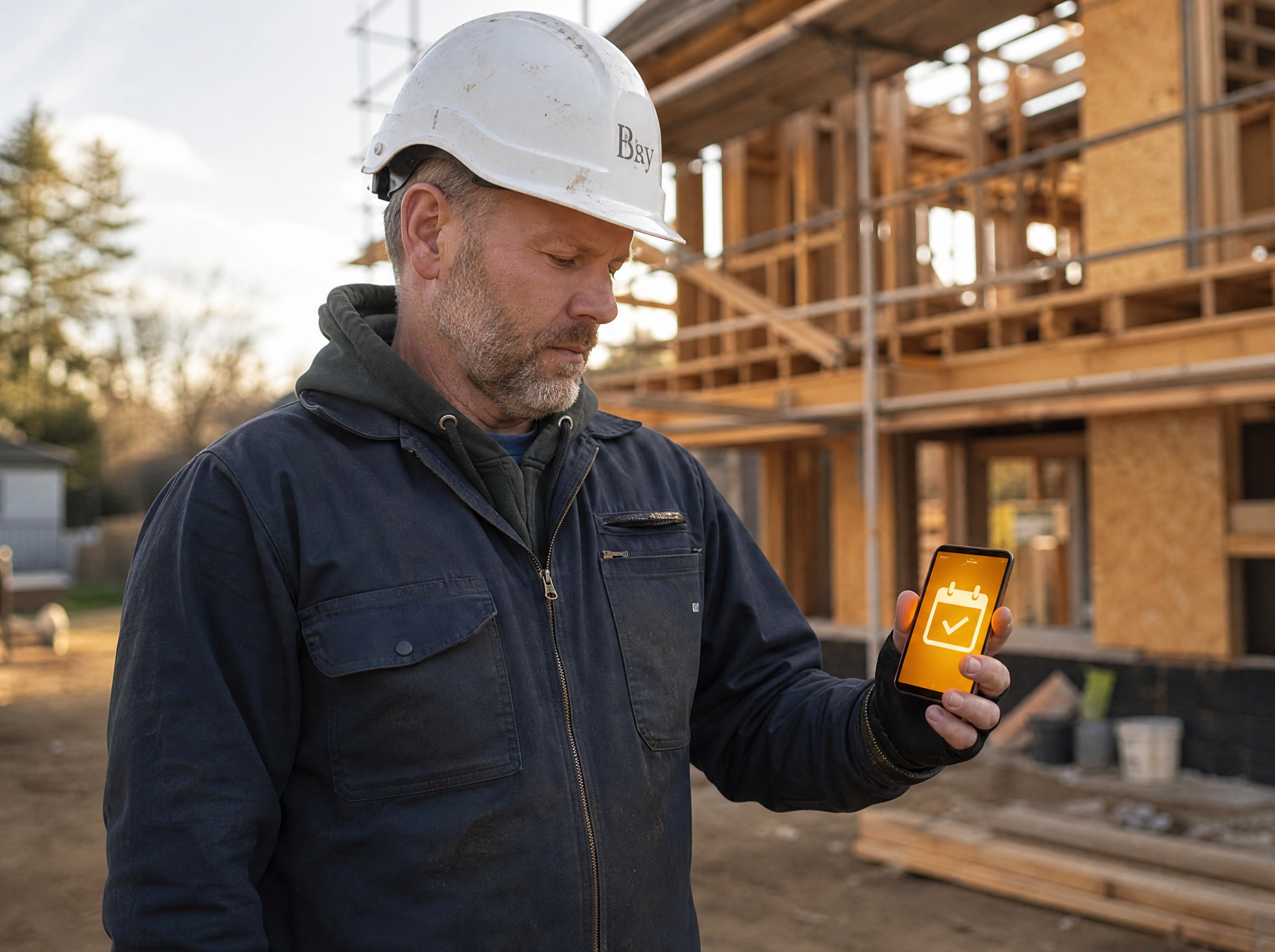 General contractor in a hard hat on a job site checking a smartphone that glows warm amber with a calendar checkmark, showing a new appointment booked automatically while he works
