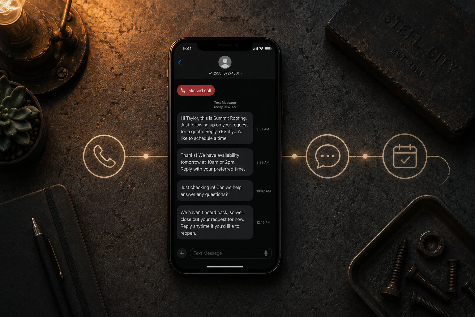 Smartphone showing a missed call notification and automated text follow-up sequence — automated lead follow up system