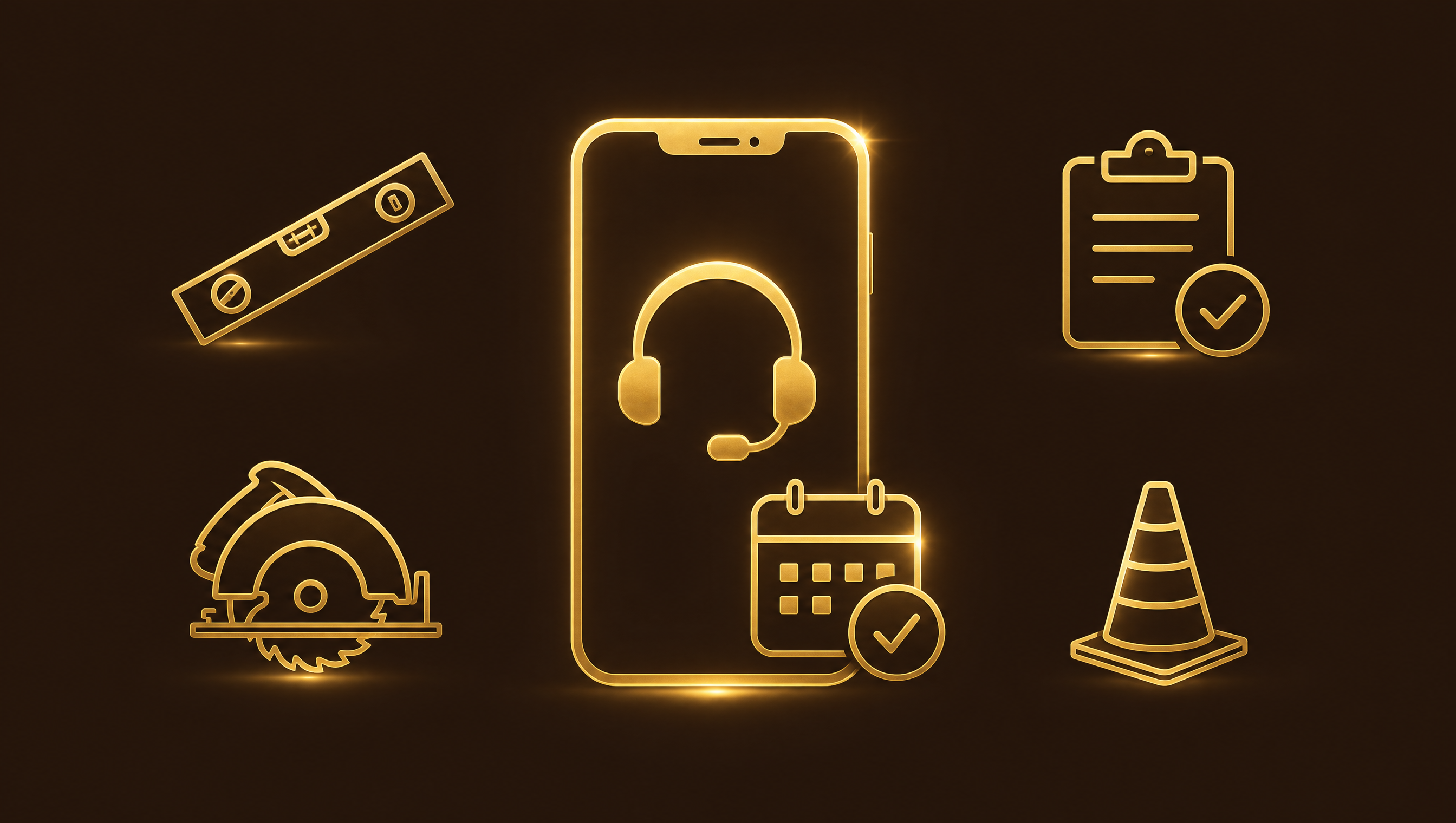 Smartphone showing a gold headset icon and a calendar booking checkmark, surrounded by gold contractor tool icons — level, circular saw, clipboard, safety cone — representing a contractor answering service