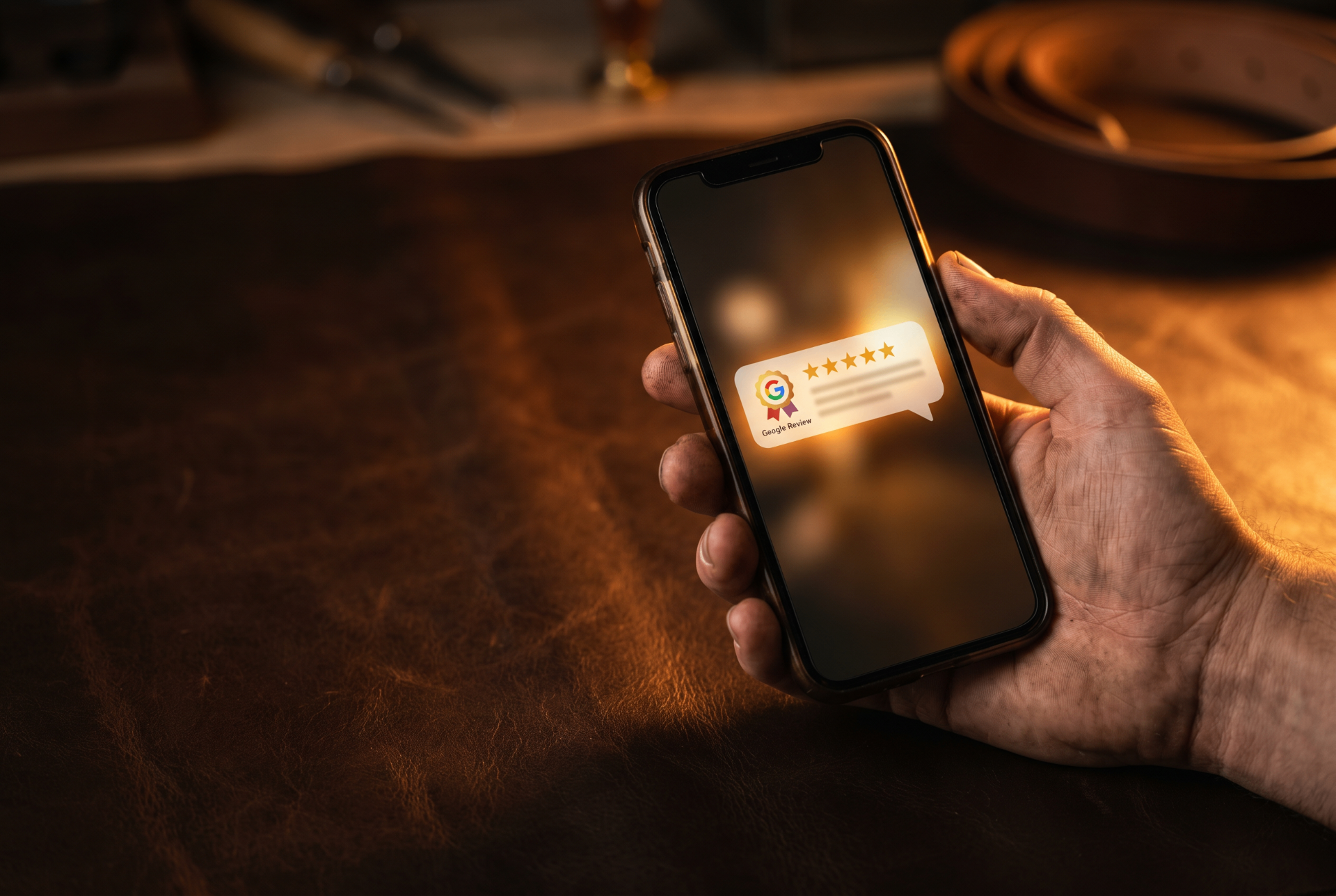 Customer holding a phone showing a 5-star Google review notification — automated review requests for service businesses