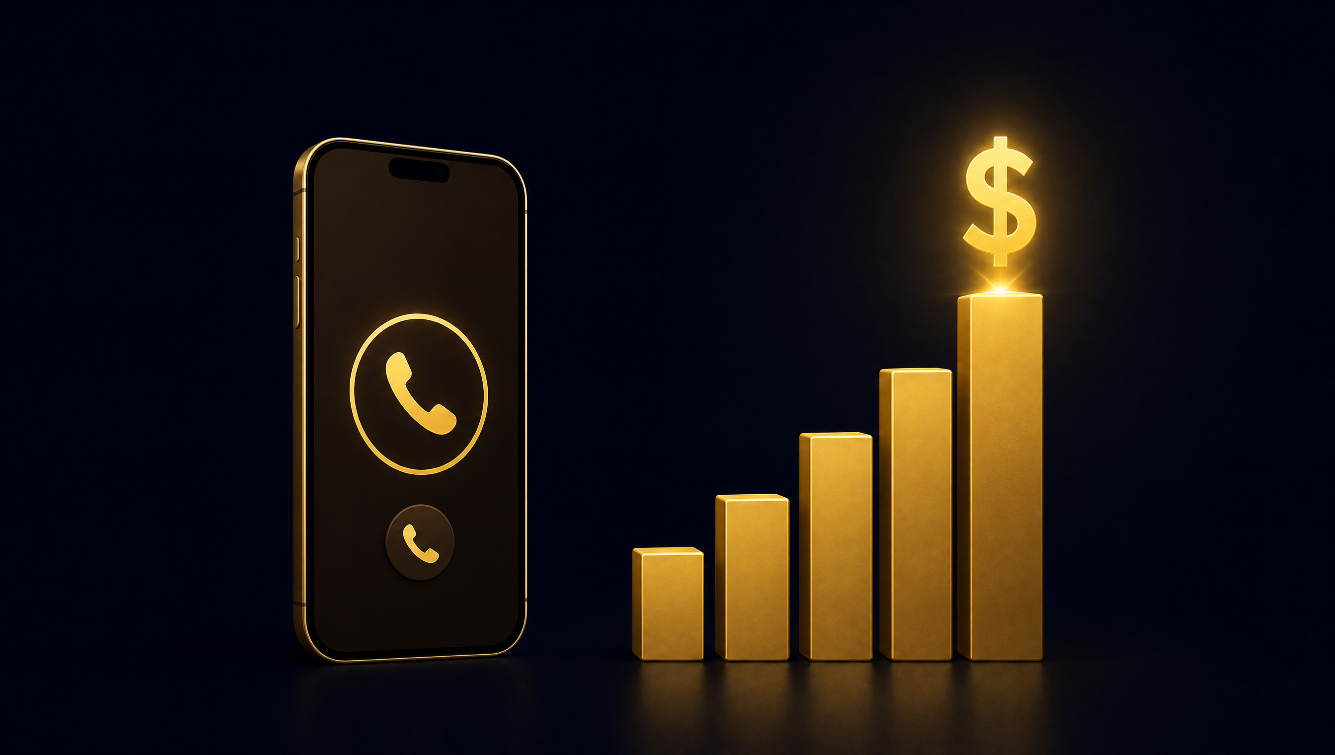 Smartphone showing a gold dollar sign rising on a bar chart next to a phone call icon — how much HVAC businesses save with AI voice agents