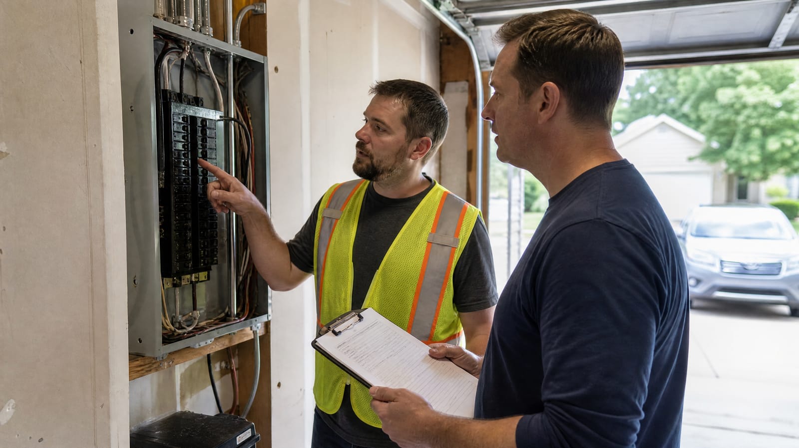 Electrician in a safety vest pointing at an open circuit breaker panel while a homeowner holds a clipboard estimate and discusses the scope of work