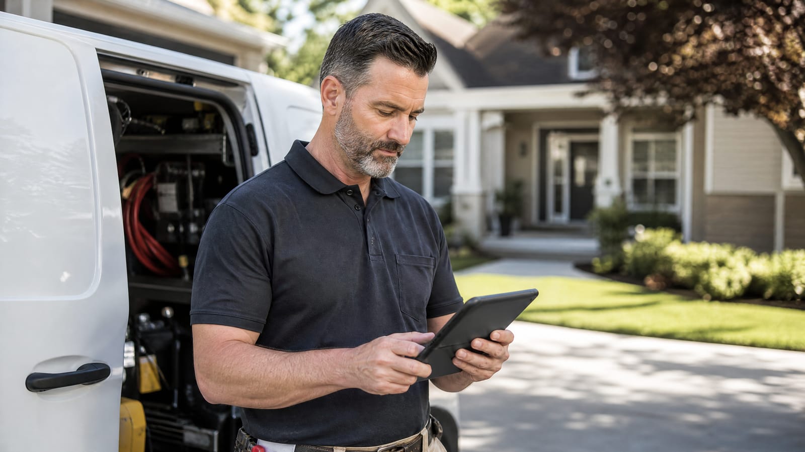 HVAC contractor standing beside his service van reviewing a list of incoming customer inquiries on a tablet to qualify sales leads