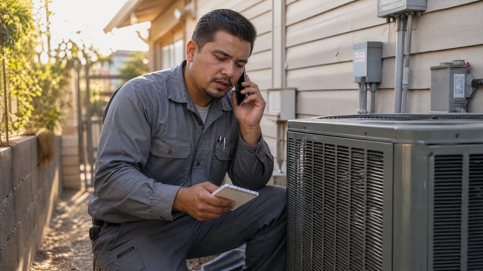 HVAC technician kneeling beside an outdoor air conditioner condenser, on the phone taking notes to qualify a new customer lead