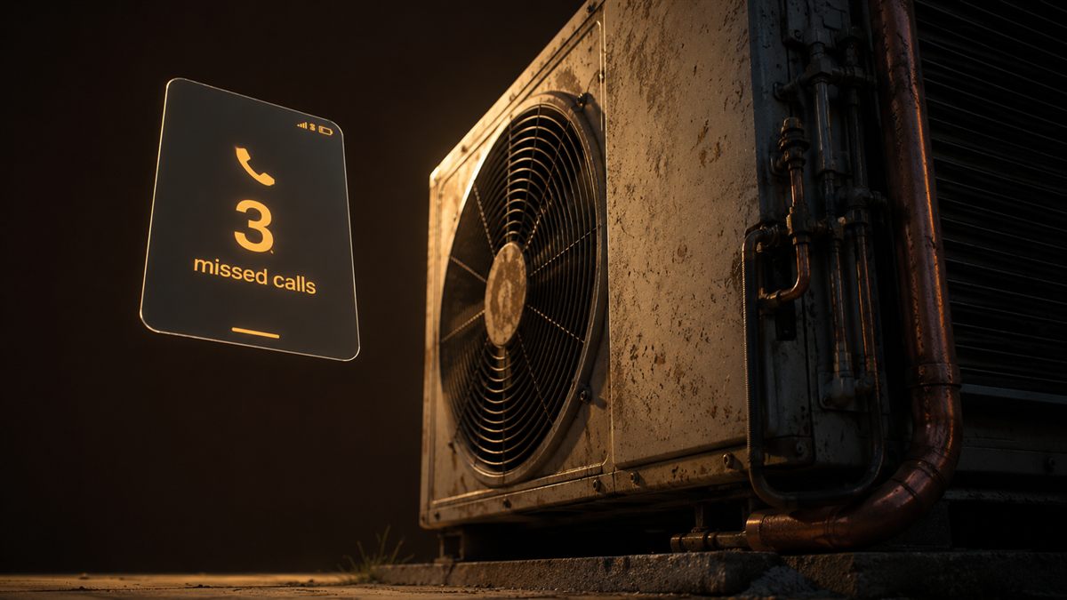 HVAC condensing unit at dusk with a floating phone showing 3 missed calls in amber light
