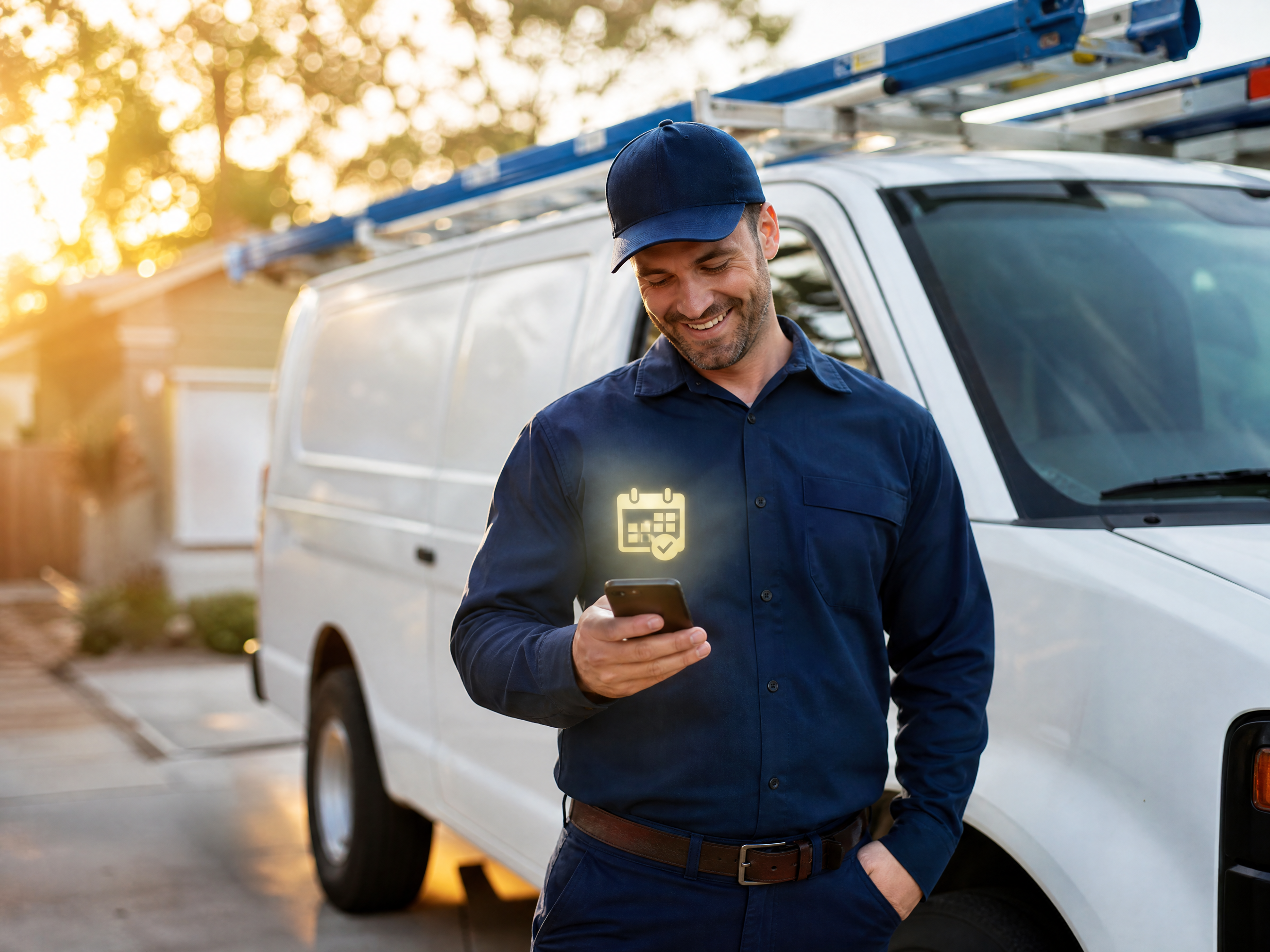 HVAC technician standing next to his service van in a driveway, smiling at his smartphone showing a booked appointment notification