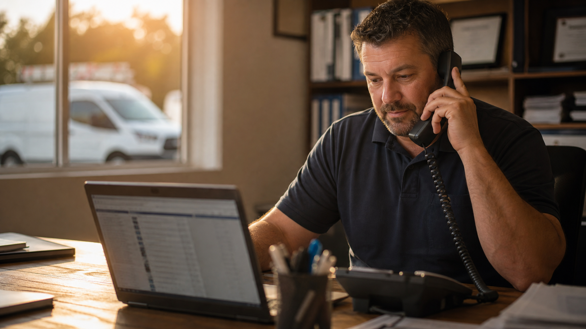 HVAC business owner at his office desk picking up the phone beside a laptop showing an old customer contact list, with a service van visible through the window