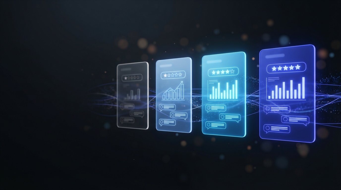 Four glowing smartphone review panels showing progressively higher star ratings and growth charts, connected by data lines on a dark background — comparing HVAC reputation management options