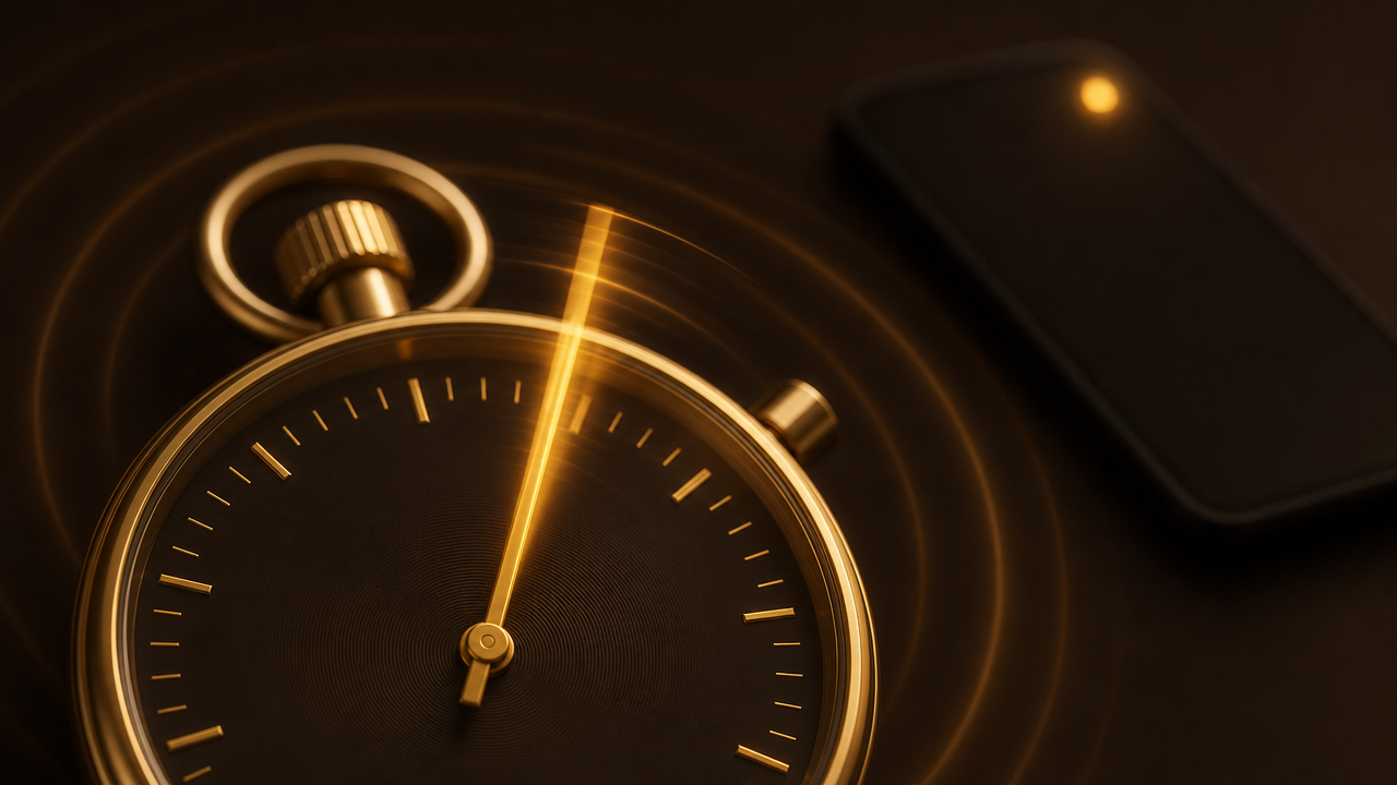 A glowing gold stopwatch sweeping past the 60-second mark next to a phone with a notification light, on a dark brown background — the first 60 seconds of lead response