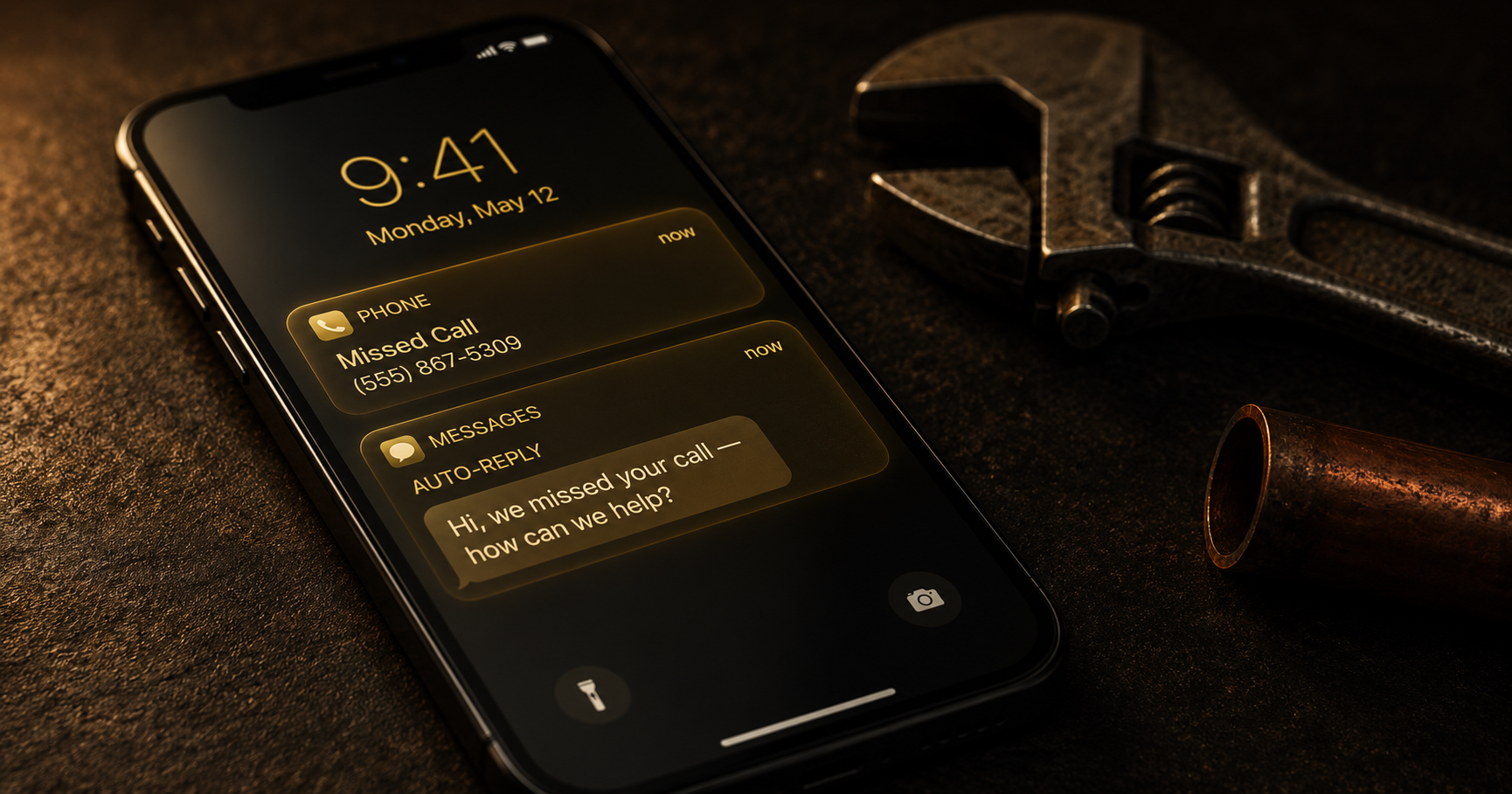 Smartphone on a dark surface showing a missed call notification and auto-reply SMS — missed call text back software for HVAC