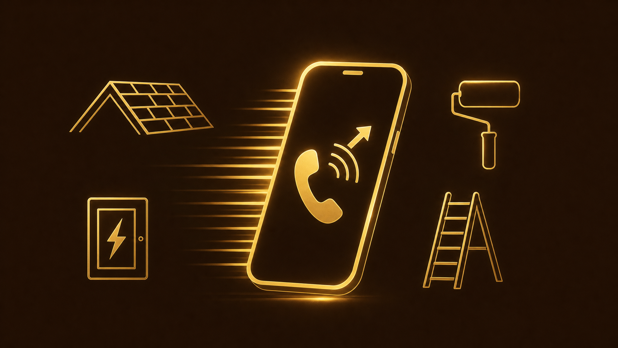 Smartphone showing an outgoing call and a speed-line trail, surrounded by gold icons of a roof, an electrical panel, a paint roller, and a ladder — outbound AI voice agent for contractors