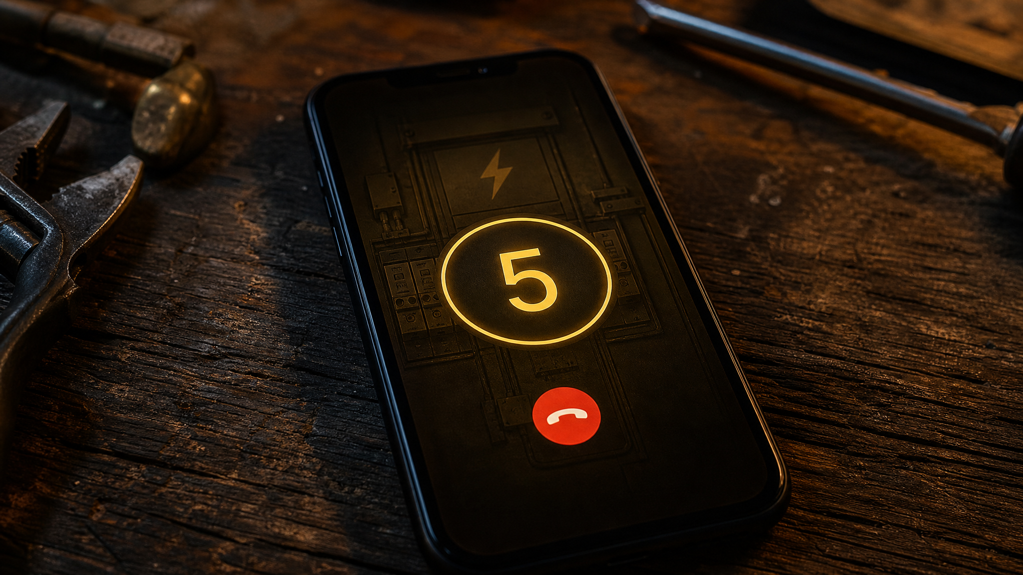 Smartphone showing an outgoing call and a 5-second countdown with a circuit breaker panel motif — outbound AI voice agent instantly calling back an electrical lead