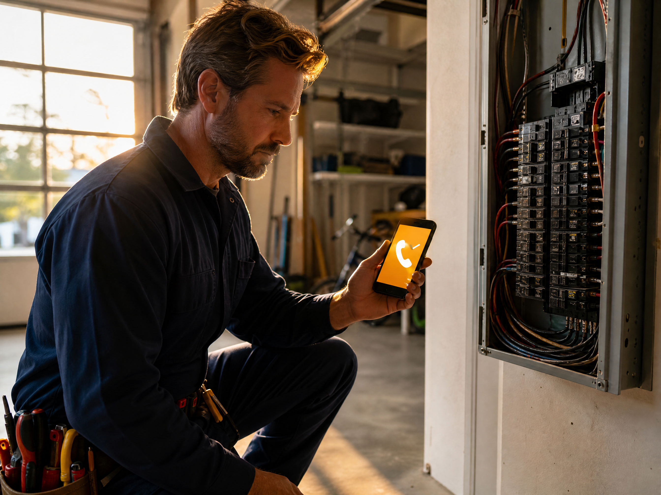 Electrician kneeling in front of an open circuit breaker panel in a garage, checking a smartphone glowing warm amber with a phone-call icon, showing a new lead being called back automatically