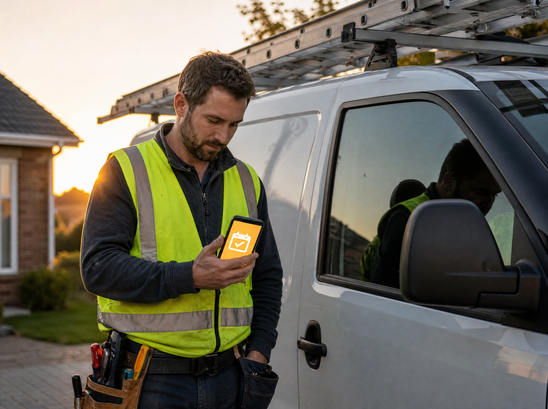 Electrician in a safety vest standing next to his service van in a driveway at golden hour, checking a smartphone glowing warm amber with a calendar checkmark, showing a follow-up call booked automatically