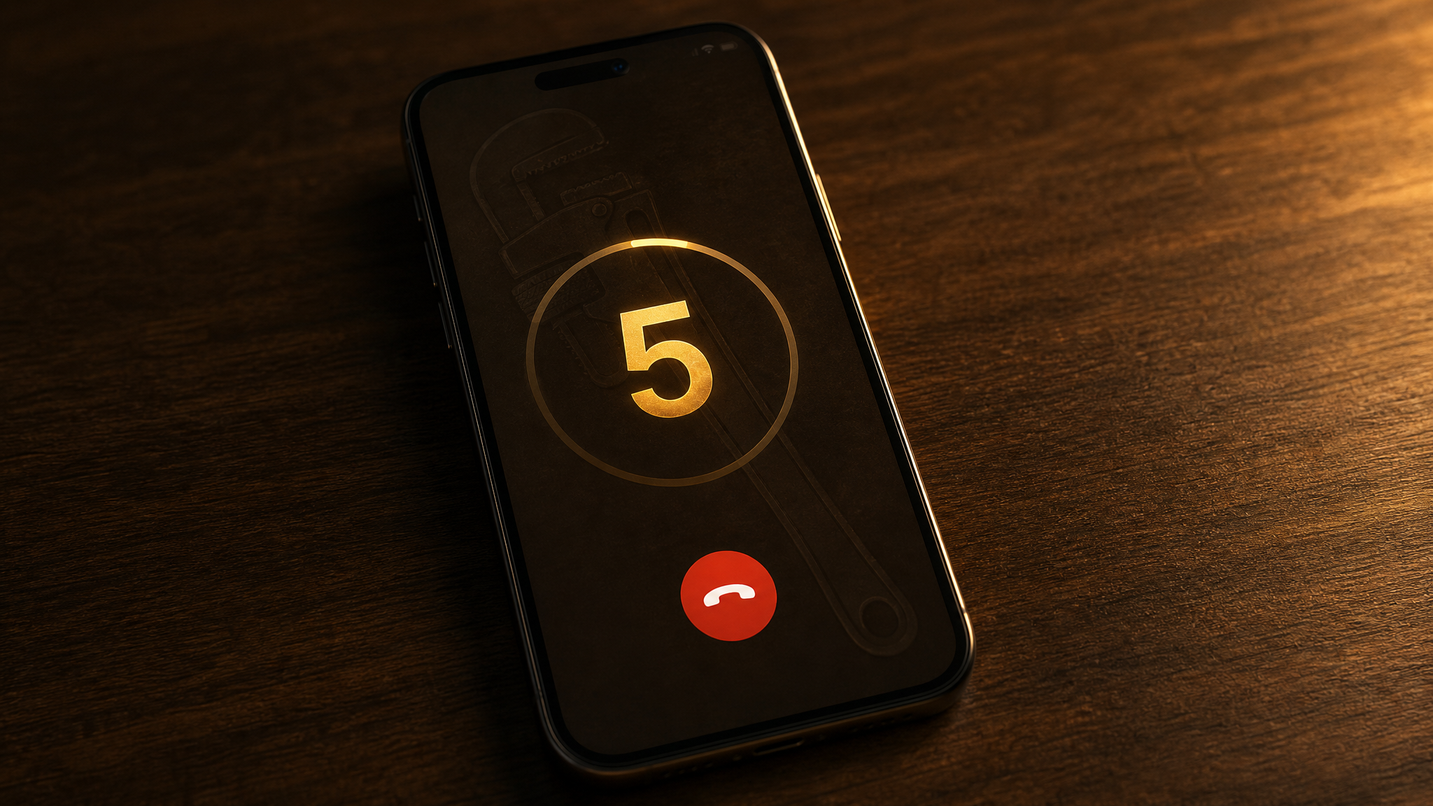 Smartphone showing an outgoing call and a 5-second countdown with a pipe wrench motif — outbound AI voice agent instantly calling back a plumbing lead