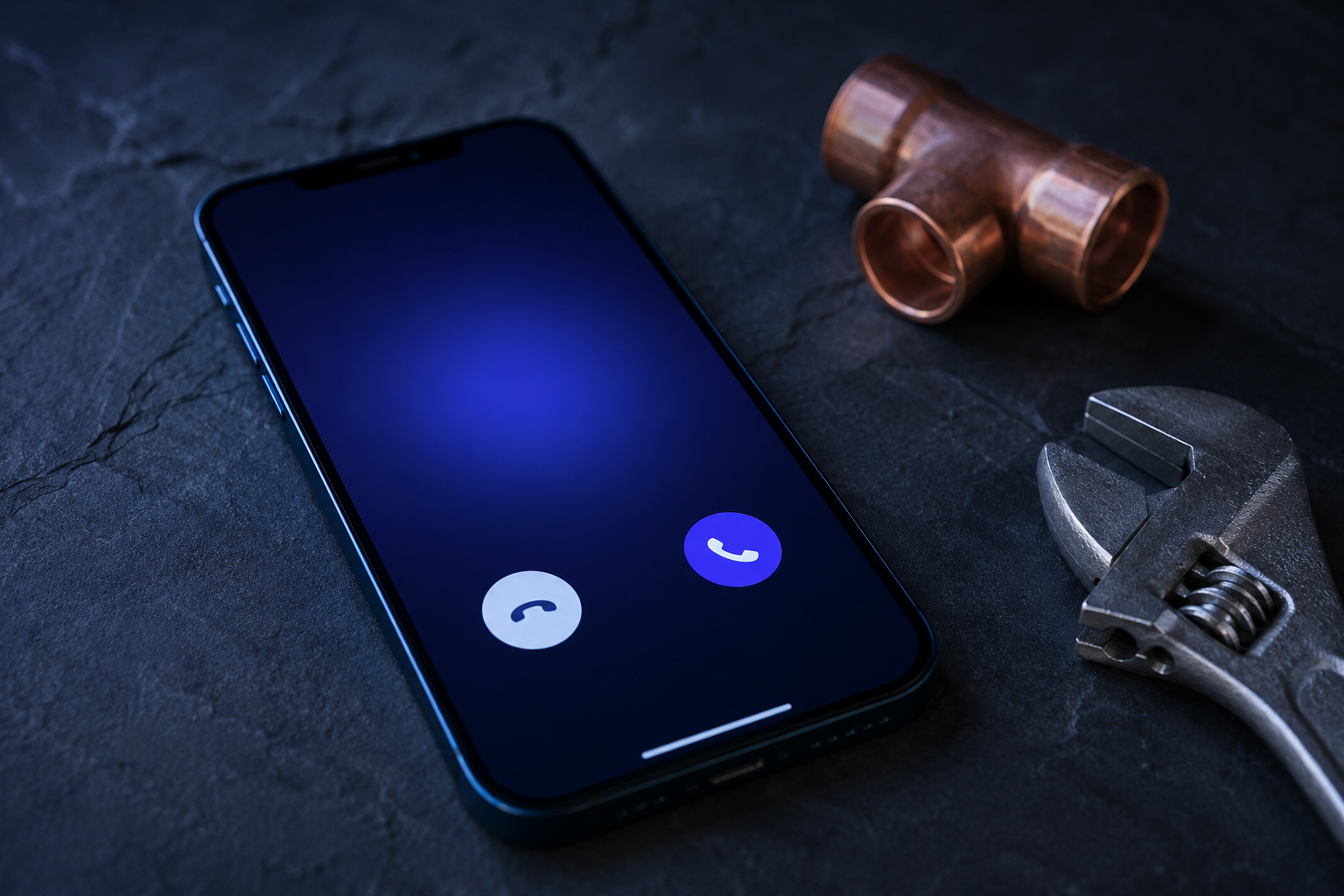 Smartphone on dark slate surface showing incoming call screen, copper pipe fittings and wrench beside it — plumbing virtual receptionist