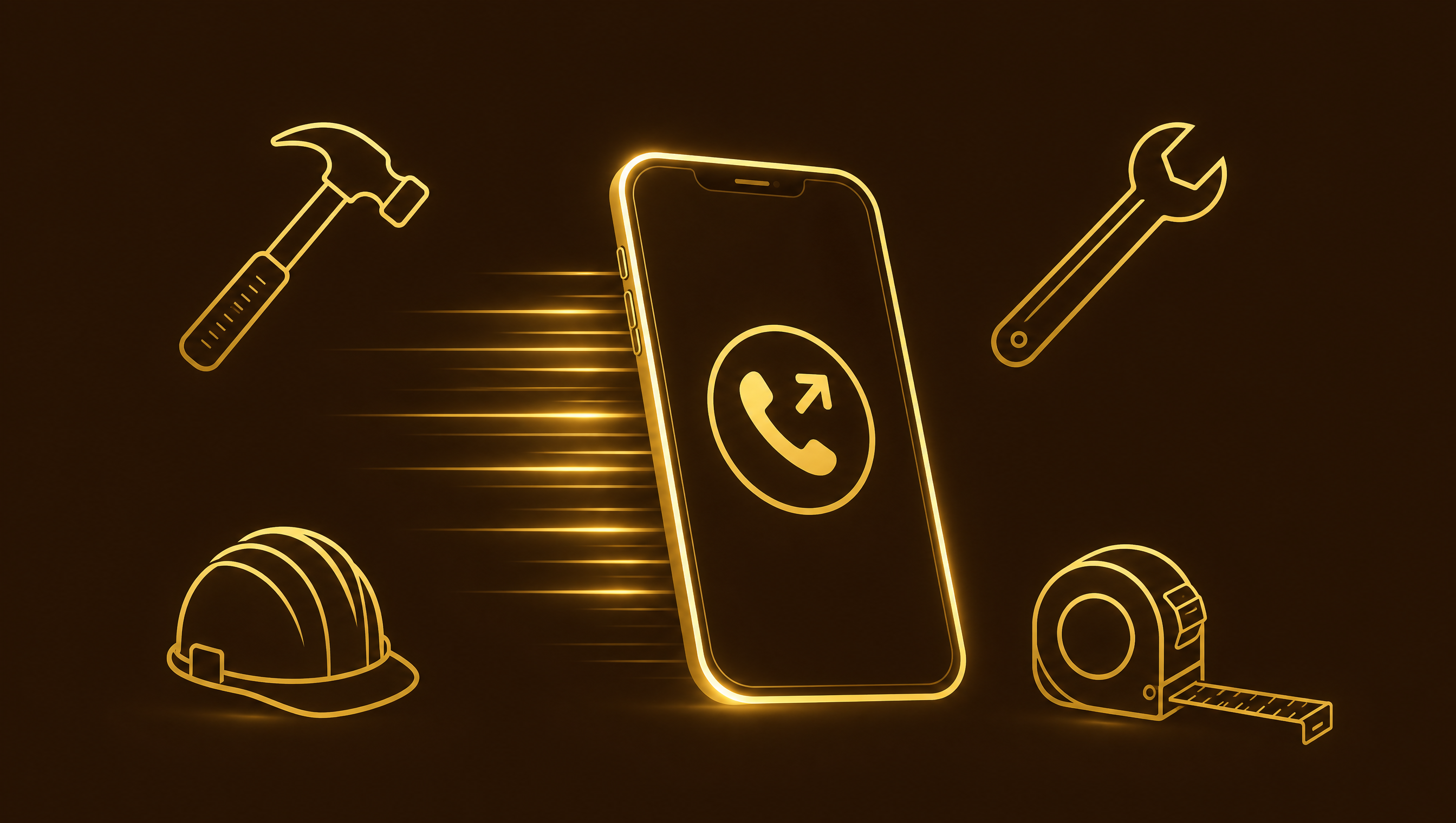 Smartphone showing a gold outgoing call icon with a speed trail, surrounded by gold contractor tool icons — hammer, wrench, hard hat, tape measure — on a dark brown background, representing speed to lead for contractors